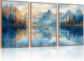 KAIRNE Landscape Wall Art Set of 3(24”X36”),Abstract Forest Canvas Paintings,Watercolor Blue Mountain Lake Prints,Framed Nature Scenery Artwork for Living Room Bedroom Home Office Gallery Decoration