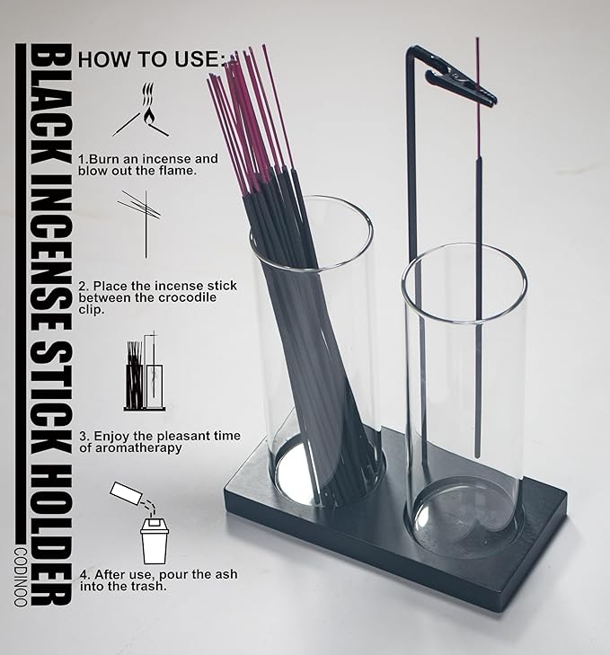 2 in 1 Incense Holder for Sticks Incense Burner Holder with Storage,Glass Upside Down Incense Holder for Sticks with Glass Ash Catcher for Meditation Yoga Spa Room Home Decor[2 Long Black]