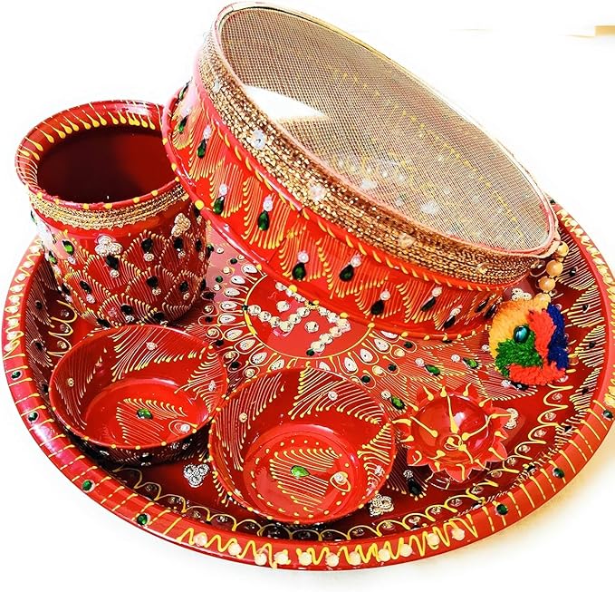 Stainless Steel Karwa Chauth 6 Pieces Decorative Pooja Thali Set (Red) (Thali Size 12")
