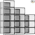 Kuject XX-Large Shoe Storage Boxes Organizers Clear Plastic Stackable 12 Pack, Shoe Rack & Holder Substitute, Sneaker Containers, Shoe Storage Organizer Bins for Closet, Under Bed, Black(No Fold Line)