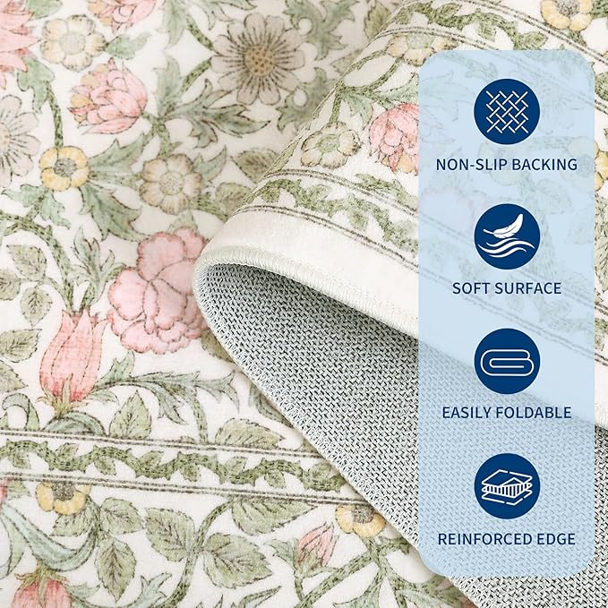 GarveeHome Pink and Green Vintage Floral 2x6 Runner Rug Washable Kitchen Rugs Non Slip Boho Long Rug for Hallways Bedroom Entryway Bathroom Mat with Rubber Back Beige