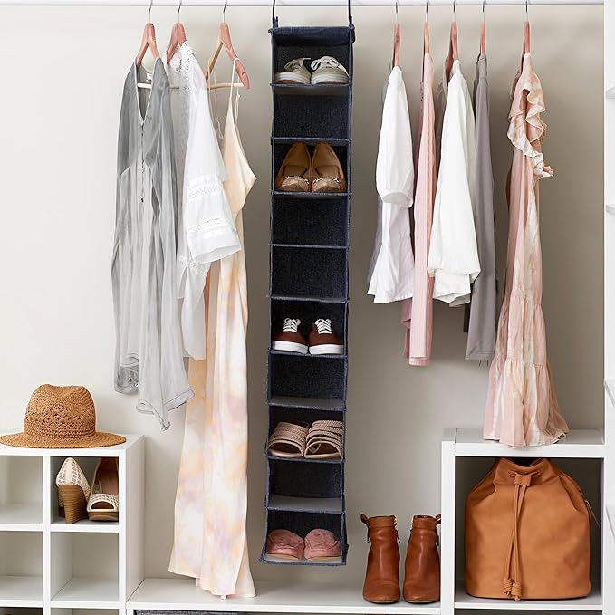 Household Essentials Hanging Narrow Cotton Blend and Plastic Closet Organizer with 10 Storage Shelves, Denim