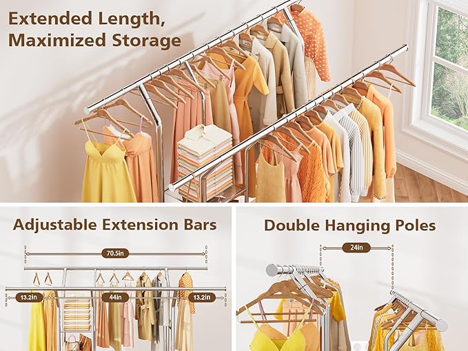 Clothes Rack With Storage Shelf, Heavy Duty Rolling Clothing Rack for Hanging Clothes, Double Rod Metal Garment Rack Load 630 LBS, Portable Wardrobe Racks with Wheels for Bedroom, Laundry Room