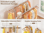 Clothes Rack With Storage Shelf, Heavy Duty Rolling Clothing Rack for Hanging Clothes, Double Rod Metal Garment Rack Load 630 LBS, Portable Wardrobe Racks with Wheels for Bedroom, Laundry Room