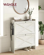 VASAGLE Shoe Storage Cabinet Organizer with 2 Flip Drawers, Freestanding Narrow Shoe Rack Cabinet for Entryway, Farmhouse Style, Fits 14 to 16 Pairs, Rustic White UHSC203WJ01S