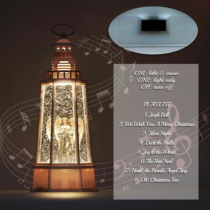 13.5'' Christmas Angel Snow Globe, White Retro Lighthouse Musical Lighted Water Lantern, Decoration with Swirling Glitter, USB Powered and Battery Operated, Xmas Home Décor Gift