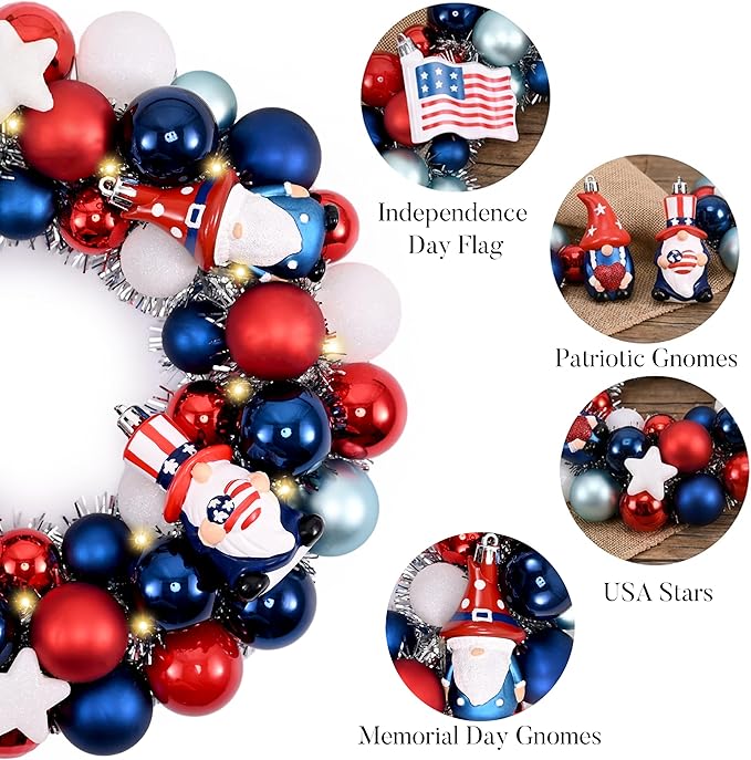 Valery Madelyn 4th of July Ball Wreath for Front Door with Lights, Red White Blue Patriotic Gnome Wreath Memorial Day Decorations with Ball Ornaments for USA 250th Anniversary Summer, 13"