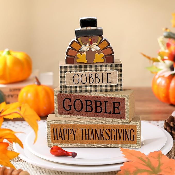 Lineshading 4 Pcs Fall Table Decorations Wooden Turkey Decor Thanksgiving Tiered Tray Decor Fall Centerpiece Rustic Wood Turkey Block Sign for Gobble Harvest Party Home Kitchen Decorations