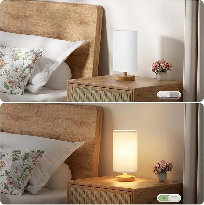 Fenmzee Small Table Lamp for Bedroom - Inline Control, Bedside Lamp with 3000K A15 LED Blub, Easy Assembly (White Shade - Wood Base, 9" Inline Control)