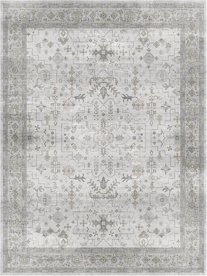 Lessymo Washable Rugs for Living Room, 9x12 Large Area Rug for Bedroom Dining Home Office, Soft Non-Slip Vintage Geometric Oushak Carpet, Boho Neutral Farmhouse Decor, Taupe Grey