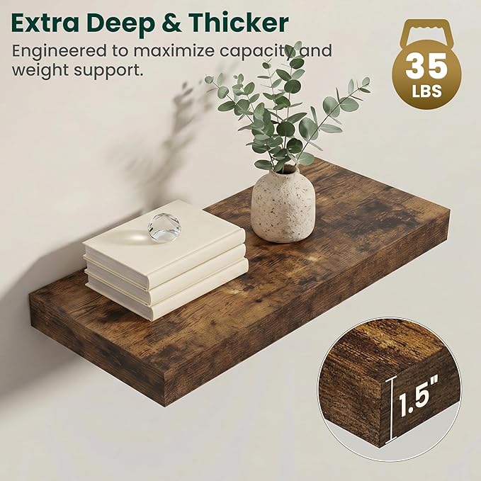 Floating Shelves for Wall 24 in x 9.3 in Deep, Wall Mounted Rustic Wood Shelf with Invisible Brackets for Storage & Display, Living Room Bedroom Bathroom, Brown, 2 Pack