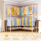 E15 Pro Garment Rack L Shaped Clothes Rack for Corner，Freestanding Clothing Racks for Hanging Clothes，Heavy Duty Closet System with 4 Hanging Rods & 8 S Hooks，48.8"W x 15.8"D x 78.4"H，Pink