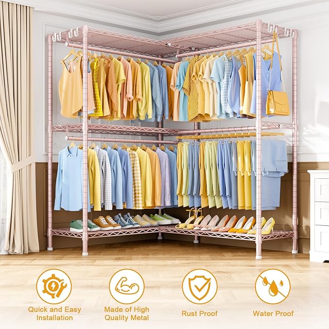 E15 Pro Garment Rack L Shaped Clothes Rack for Corner，Freestanding Clothing Racks for Hanging Clothes，Heavy Duty Closet System with 4 Hanging Rods & 8 S Hooks，48.8"W x 15.8"D x 78.4"H，Pink