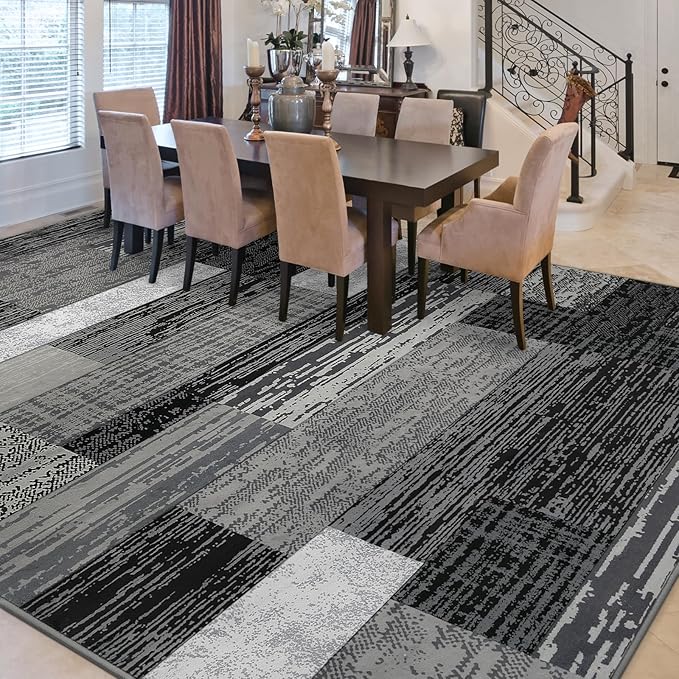 FlyDOIT Modern Geometric Patchwork Area Rug, 8x10 Grey Large Rugs for Living Room, Rockwood Collection Indoor Rugs for Bedroom, Throw Carpet Floor Decor for Entryway Dining Room Office Nursery