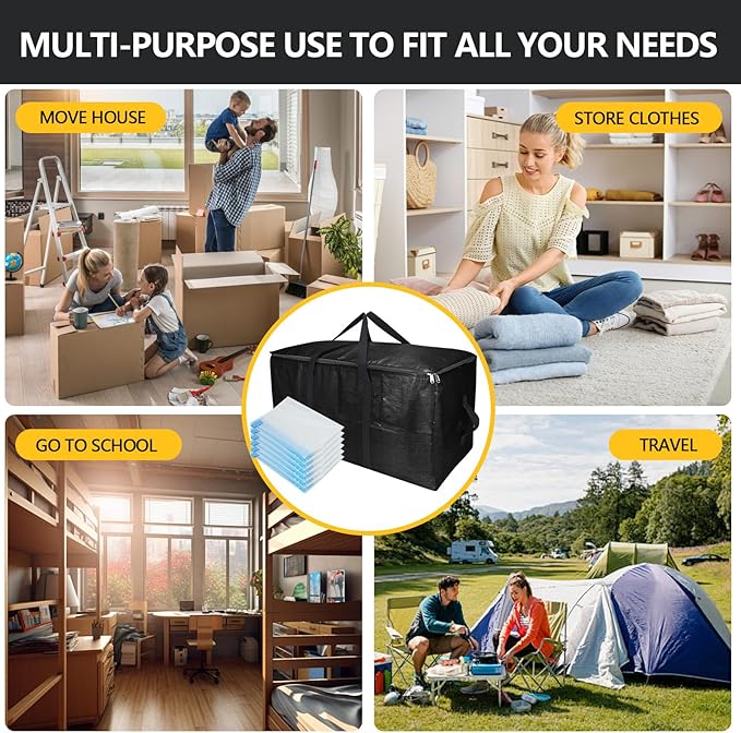 Extra Large Storage Bags Set Heavy Duty Moving Totes with Handles, Zippers-Way Carrying Design Fold Flat Storage Totes for Space Saving (Black, 12 Park-2 Moving bag & 10 Vacuum Seal Bags)