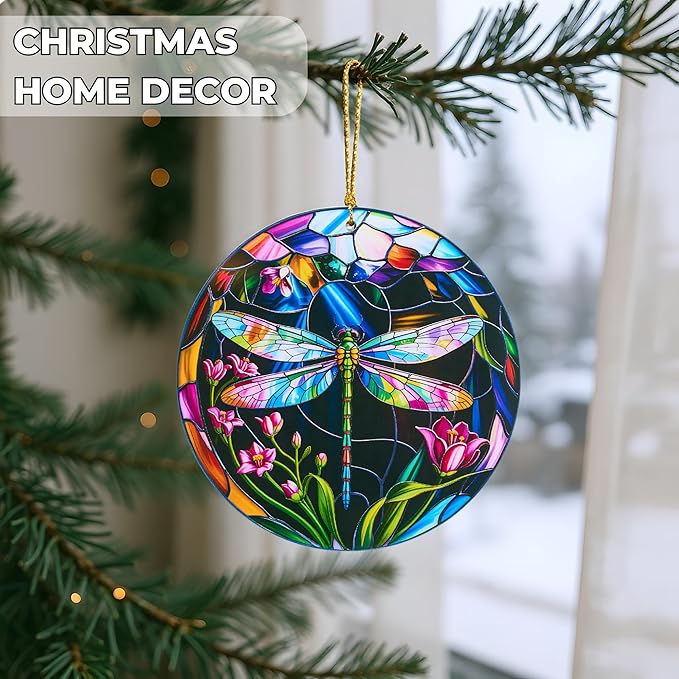 Dragonfly Christmas Ornaments Round Stained Glass Effect Acrylic Dragonfly Ornament for Tree Hanging, Christmas Theme Gift Set for Gifts Lovers, Ornament Wall Art, Thanksgiving Gift