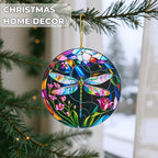 Dragonfly Christmas Ornaments Round Stained Glass Effect Acrylic Dragonfly Ornament for Tree Hanging, Christmas Theme Gift Set for Gifts Lovers, Ornament Wall Art, Thanksgiving Gift