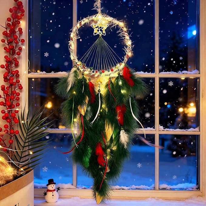 Christmas Star Dream Catcher with Lights Handmade Christmas Dreamcatcher Hanging Decoration Home Wall Craft Ornament