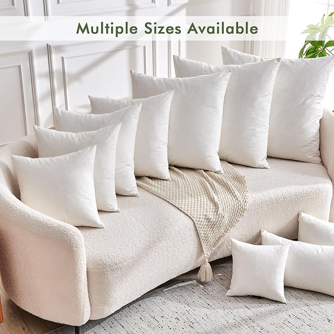 Feathers Down Pillow Inserts 14x14, Set of 2, 100% Organic Cotton Shell, Soft Decorative Square Throw Pillows for Living Room Sofa, Couch, or Bed (White)