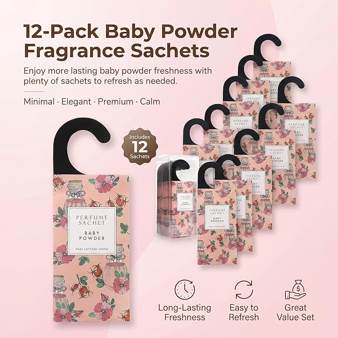 ROSE COTTAGE Large 12 Packs Baby Powder Hanging Closet Air Freshener Scented Sachets Long Lasting Smell Goods