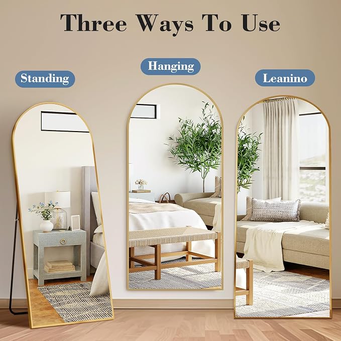 DUMOS Arched Full Length Mirror, 56"x21" Full Body Floor Standing Mirror with Aluminum Frame and Shatter Proorf Nano Glass, Modern Wall Hanging Leaning for Living Room, Home Decor, Gold