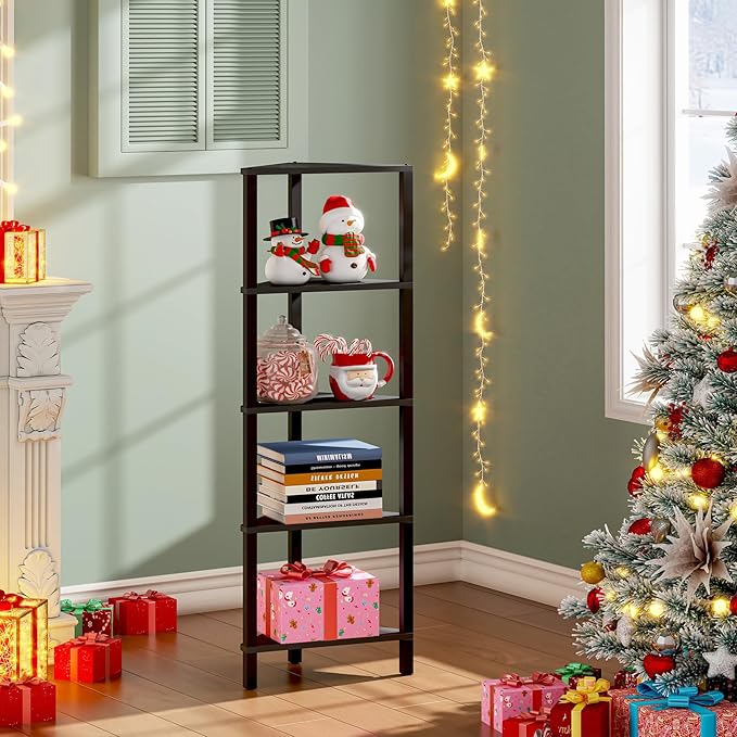 TUTOTAK Corner Shelf, 5-Tier Corner Bookshelf for Small Space, Narrow Display Corner Shelf Stand with Storage Rack, for Living Room, Bedroom, Black BS05BK005