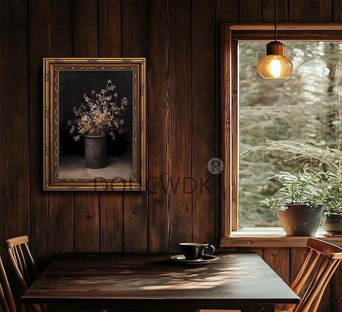 Vintage Gold Framed Wall Art Fall Dried Flowers Antique Vase Country Oil Painting Canvas Prints Dark Moody Rustic Still Life Picture Gothic Victorian Botanical Poster Artwork for Bedroom,16x24in