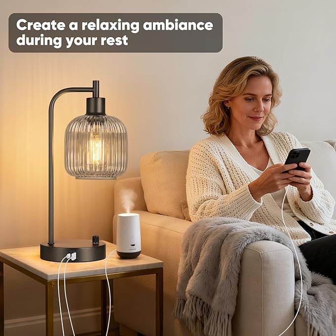 QiMH Industrial Table Lamp for Bedroom Set of 2, Grey Glass Beside Lamp with USB A&C Ports, Stepless Dimmable Black Lamps, Nightstand Lamps for Living Room, Office, Home Decor(Bulb Included)