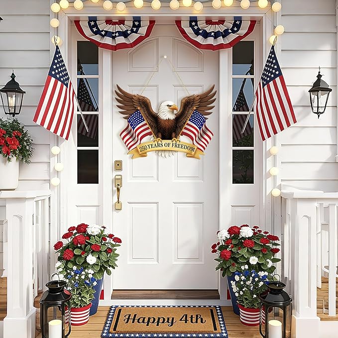 250 Anniversary 4th of July Decoration Door Wreath for Front Door Sign Patriotic Eagle Wall Signs 250 Years of Freedom 1776-2026,Independence Day Patriotic Day Wreath Memorial Day Hanging for Home