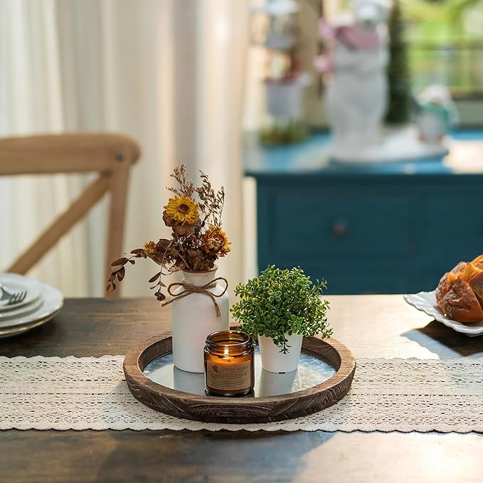 Hanobe Candle Plate Holder Tray: Round Wood Decorative Candle Plate - Rustic Farmhouse CoffeeTable Decor - Tealight Pillar Trays for Home Decor (Distressed Mirror)
