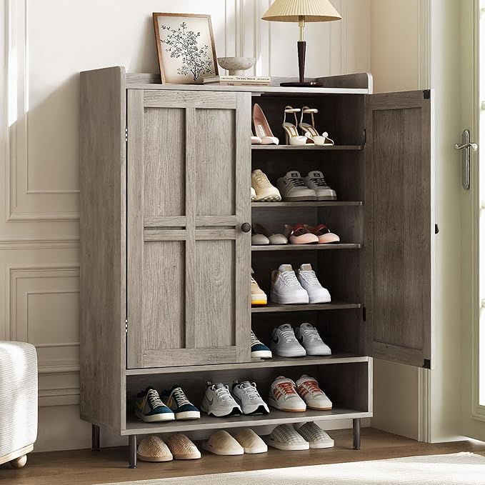 Grey 7+1 Tier Farmhouse Shoe Storage Cabinet - 45" Tall Entryway Organizer with Cross Molding Doors, 3 Adjustable Shelves & Metal Legs, Shoe Rack for Front Door Entrance