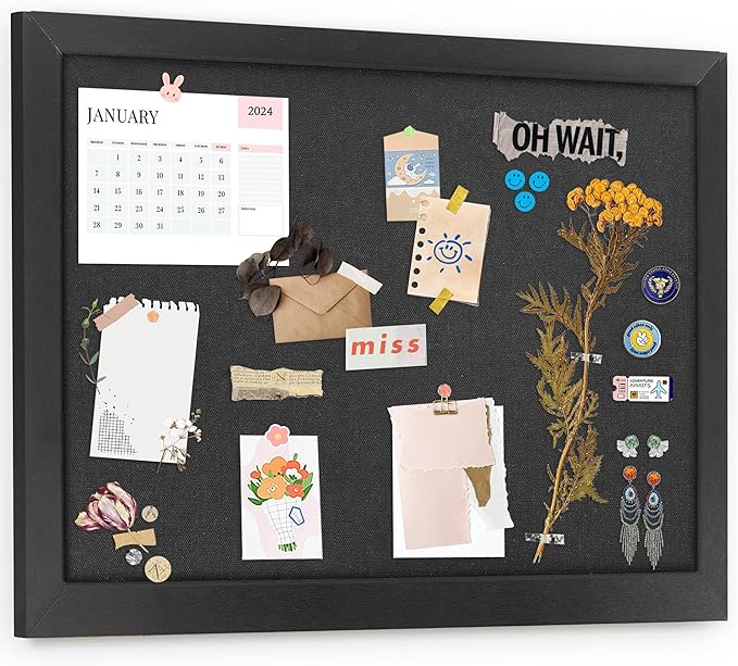 AKTOP Black Cork Board Bulletin Board with Linen 18" X 24", Large Framed Corkboard for Wall, Hanging Pin Board Picture Board for Home Office Decor, Cute Vision Board with Pushpins