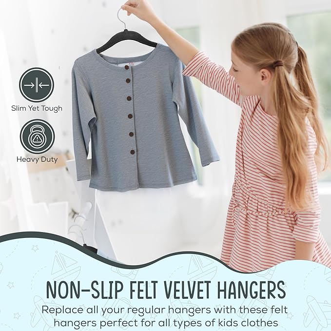 50 Premium Kids Velvet Hangers - 14" Non-Slip Clothes Hangers for Kids & Preteens - Ultra Slim, Space-Saving, Strong & Durable Hangers with 360° Swivel Hook - Black