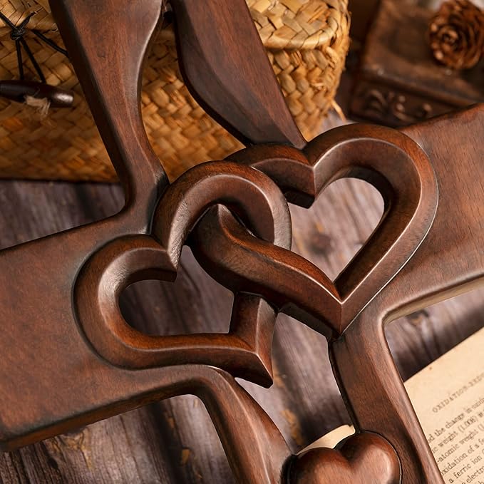 BGCOPPER Marriage Cross for Wall Love Wall Decor, Handmade Wooden Intertwined Heart Wall Cross for Wedding Valentine Christmas Gift - 14 Inch