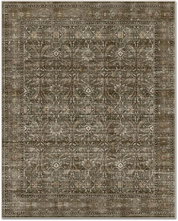 Washable 3x5 Entryway Rug, Boho Non-Slip Vintage Distress Small Rugs for Kitchen Nursery Office Bedroom, 0.3" Neutral Oriental Throw Thin Carpet with Cushioning Pad, Rust/Multi