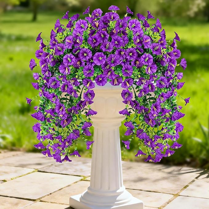 Artificial Hanging Flowers for Outdoors, 4 PCS UV Resistant Faux Plants Silk Realistic 150 Morning Glory Each Vines, Fake Plastic Floral for Garden Patio Spring Summer Decor, Purple