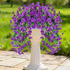 Artificial Hanging Flowers for Outdoors, 2 PCS UV Resistant Faux Silk 150 Morning Glory Each Trailing Vines, Fake Plants for Spring Outdoor Garden Planter Porch Patio Decoration, Purple