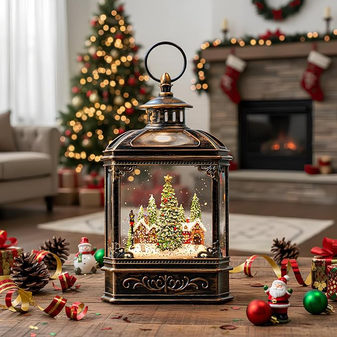 Christmas Snow Globe Lantern Water Glittering Xmas Village with Music & Timer, USB Lined/Battery Operated Lighted Lantern for Christmas Festival Decoration Gifts