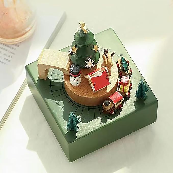 Natural Solid Wood Handcrafted Beech Wooden, Musical FigureTotoro/Carousel/Fairy/Ballerina Figurine,Rotating Hand Crank Mechanism Music Box,Musical Decorations (Green Christmas Train)