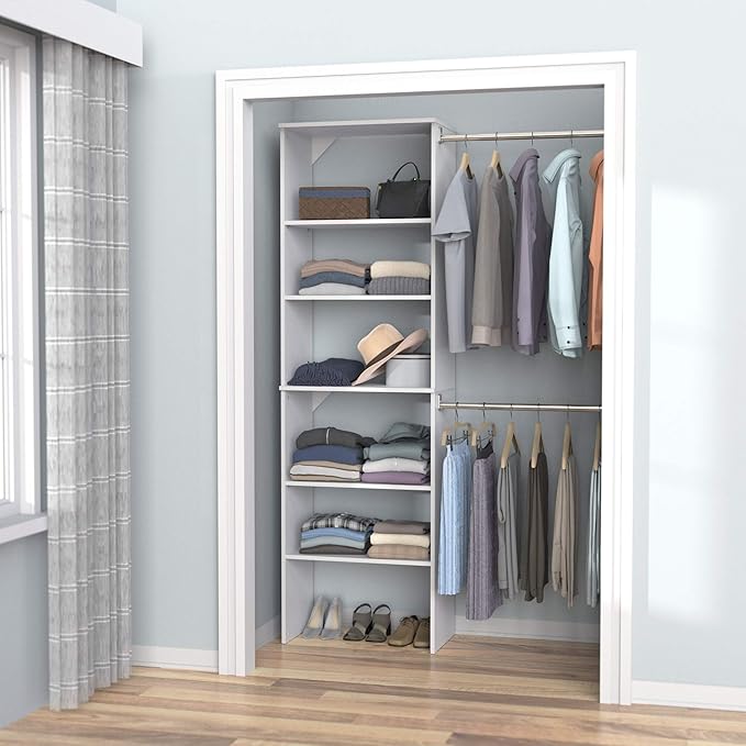 ClosetMaid SuiteSymphony Wood Closet Organizer System, 25-Inch Starter Kit with Tower and 3 Hang Rods and Shelving, Adjustable Shelves, Customizable Insert, Reach-in or Walk-in Closets, Pure White