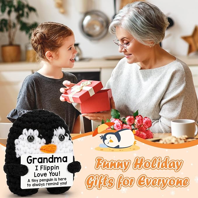 Grandma Gifts for Birthday, Handmade Crochet Mini Penguin Mothers Day Cute Birthday Gifts for Grandma from Granddaughter Grandson, Funny I Love You Gift for Grandmother Greatgrandma Gigi Easter Decor