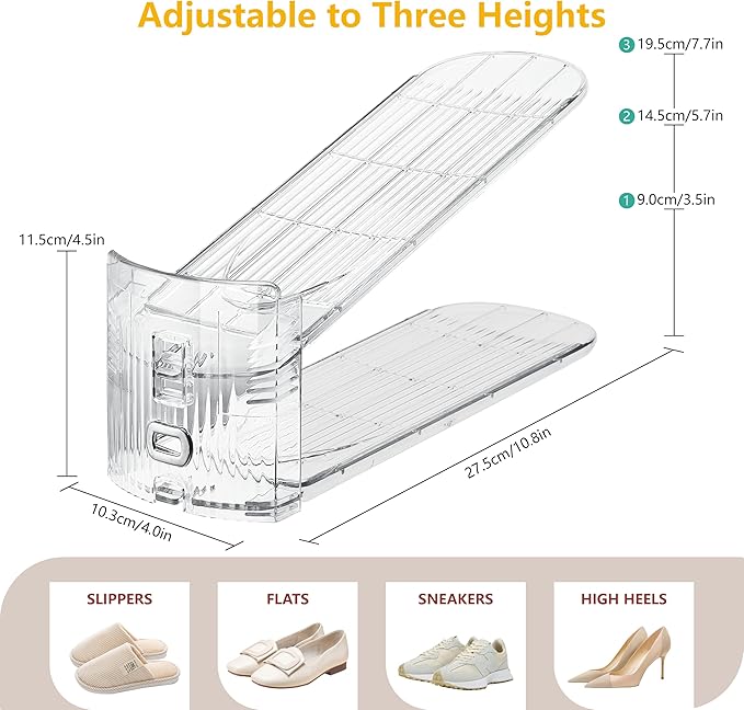 Clear Shoe Slots Organizer for Closet, 24-Pack Adjustable Shoe Stacker & Space-Saving Shoe Storage for a Variety of Spaces, Double Deck Organizer (Transparent)