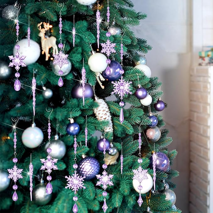 Giegxin 32 Pcs Crystal Christmas Ornaments Crystal Hanging Snowflakes Acrylic Xmas Tree Icicle Drop Decorations with Hooks for Christmas Snow Party Winter(Purple)
