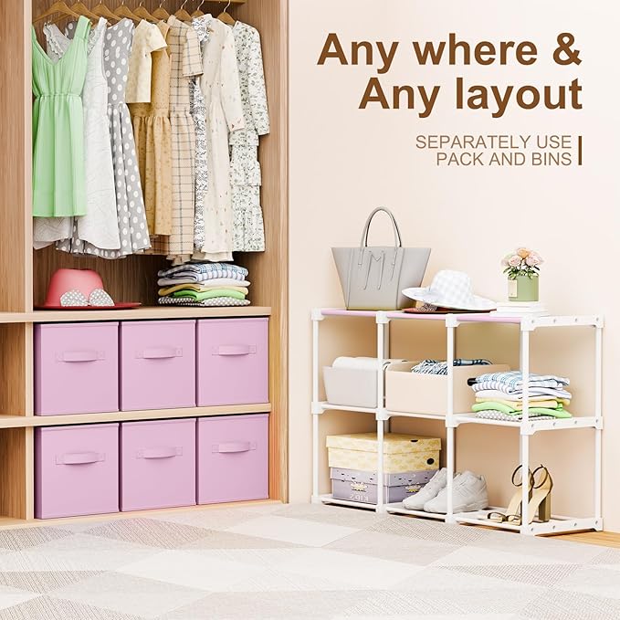 6 Cube Storage Organizer with Shelf Back to School Boxes 11 Inch Toy Storage Bins Closet Organizers Drawers Fabric Dresser for Playroom Books Bedroom Dorm Kitchen (Macaroon Pink)
