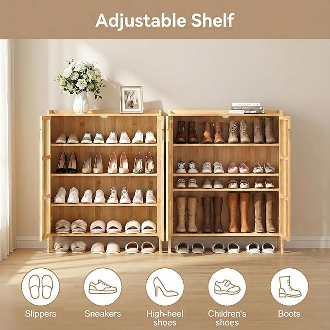 Shoe Cabinet with Doors Bamboo 5 Tiers Shoe Storage Cabinet for Entryway, 25 Pairs Wooden Shoe Cabinets, Modern Shoe Organizer Storage for Living Room, Bedroom, Hallway, Closet Nature