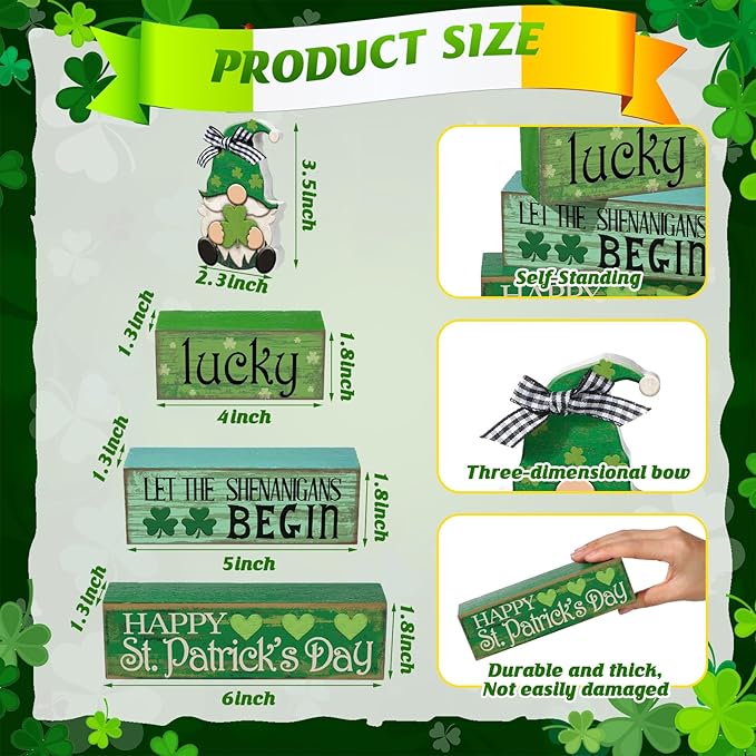 Moucuny 4 Pcs St. Patrick's Day Table Decoration Irish Tiered Tray Decor Wooden Gnome Shamrocks Block Signs Happy St. Patrick's Day Centerpiece for Tables Irish Wooden Sign for Home Decor