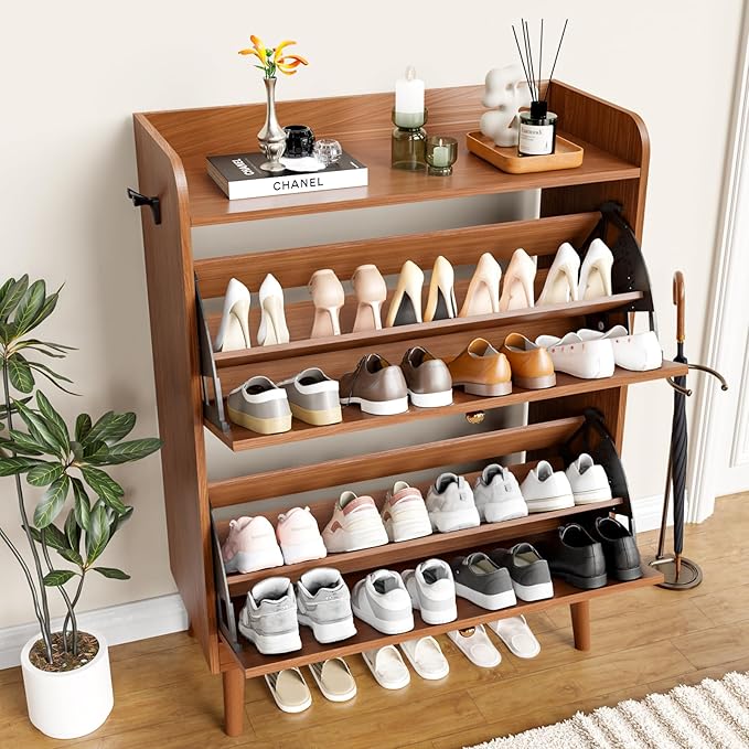 Shoe Storage Cabinet with 2 Flip Drawers, Entryway Shoe Cabinet with 2 Metal Hooks & Adjustable Shelves Freestanding Shoe Organizer Narrow Shoe Rack for Entrance Hallway Foyer Front Door,Walnut