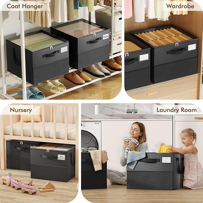 2 Pack Shoe Organizer for Closet, Large Shoe Box Storage Containers, Foldable Shoe Storage Organizer Box Bin with Adjustable Dividers and Clear Cover, Space Saving Shoes Holder, Black