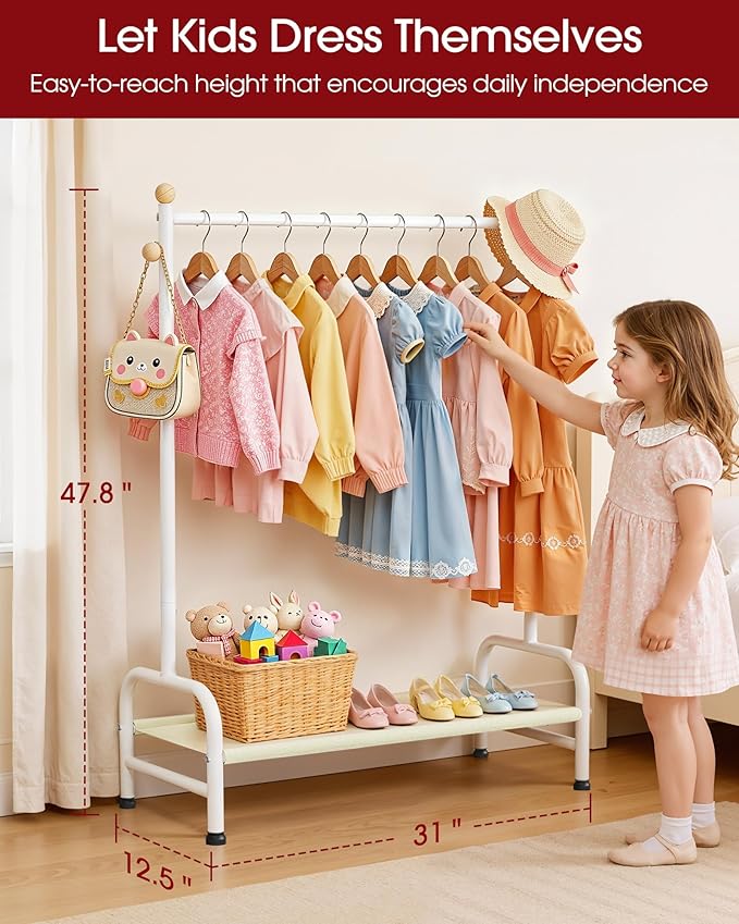 Clothes Rack - Sturdy Metal Kids Clothing Rack with Bottom Storage Shelf & Adjustable Feet, Dress Up Storage for Toddler's Bedrooms, Nurseries, Playrooms, 31" x 12.5" x 47.8", White