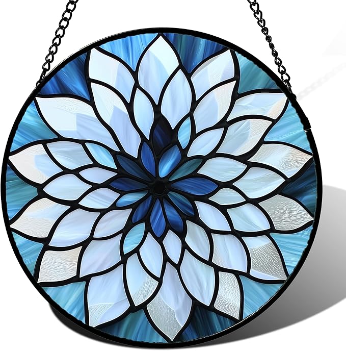 Stained Glass Suncatcher, Blue White Multi-Petal Flowers Sun Catcher Landscape Stain Glass Window Hanging Decoration Mother's Day Birthday Gifts for Women Men Mom Nana 7.8 in